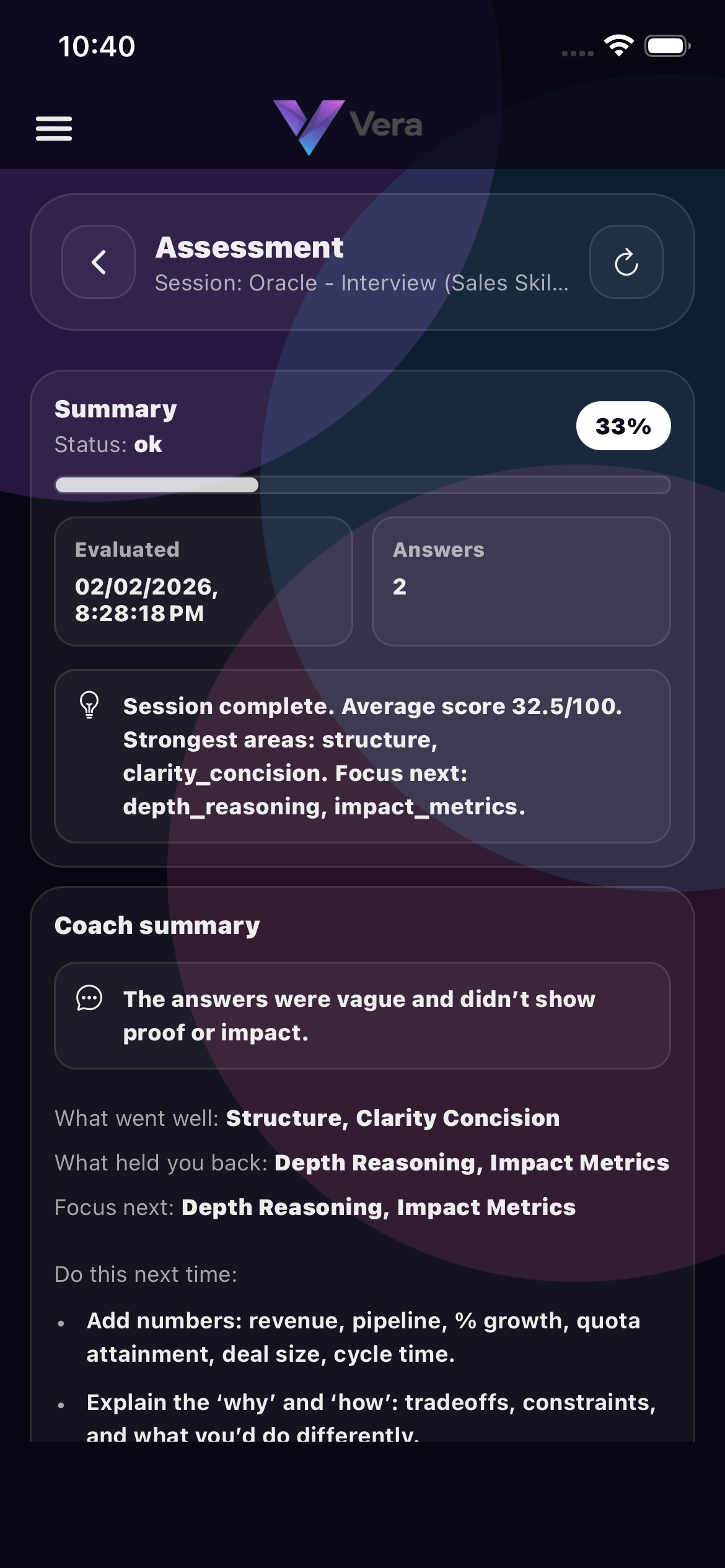 Vera coach summary and next steps